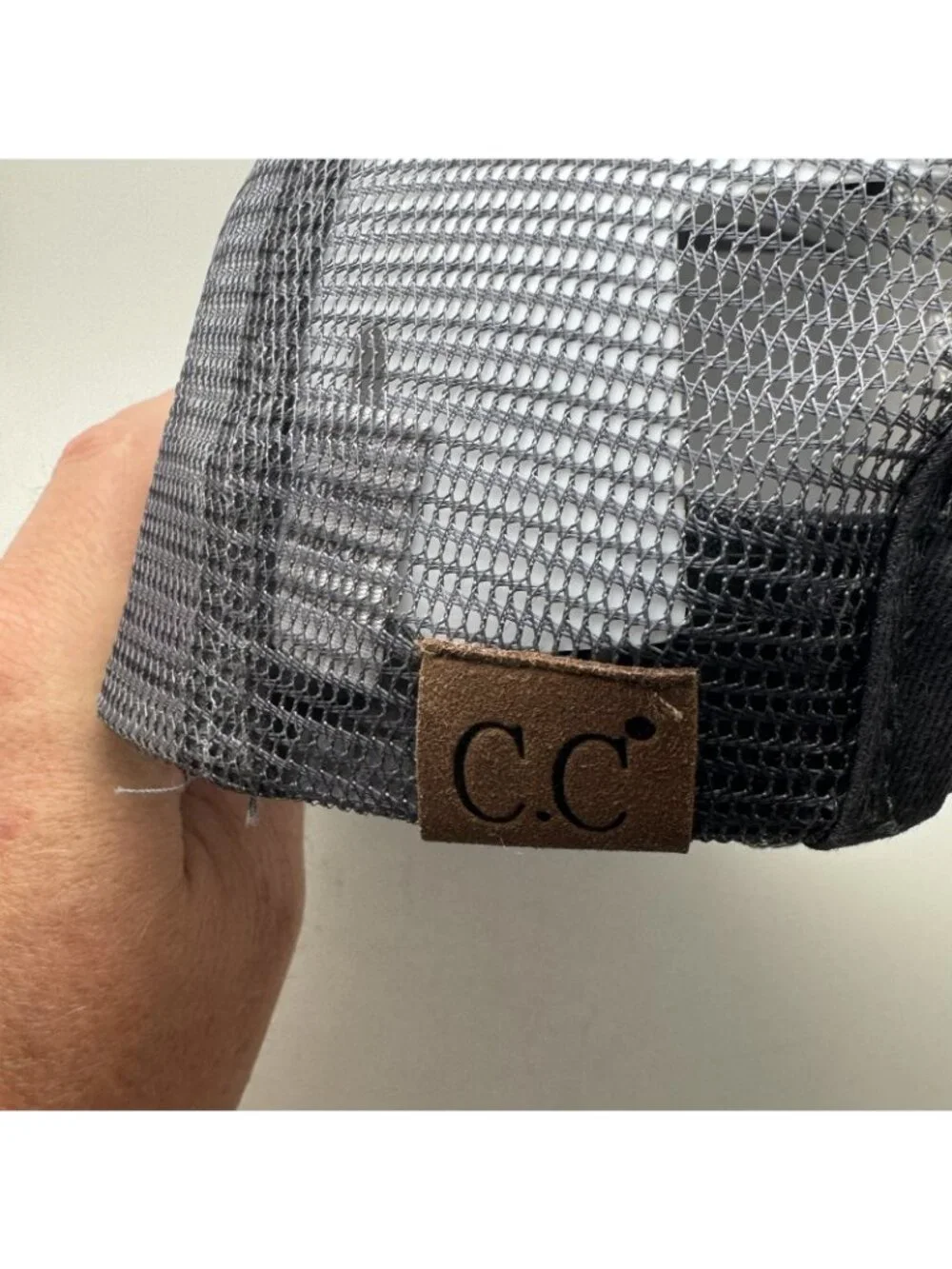C.C Criss Cross Ponytail Hat Dog Mom Embroidered Mesh Trucker Cap Gray White